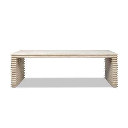 Geometric Waterfall Dining Table with Sculptural Base in White, wooden slatted legs on Tampa Home & Garden Store