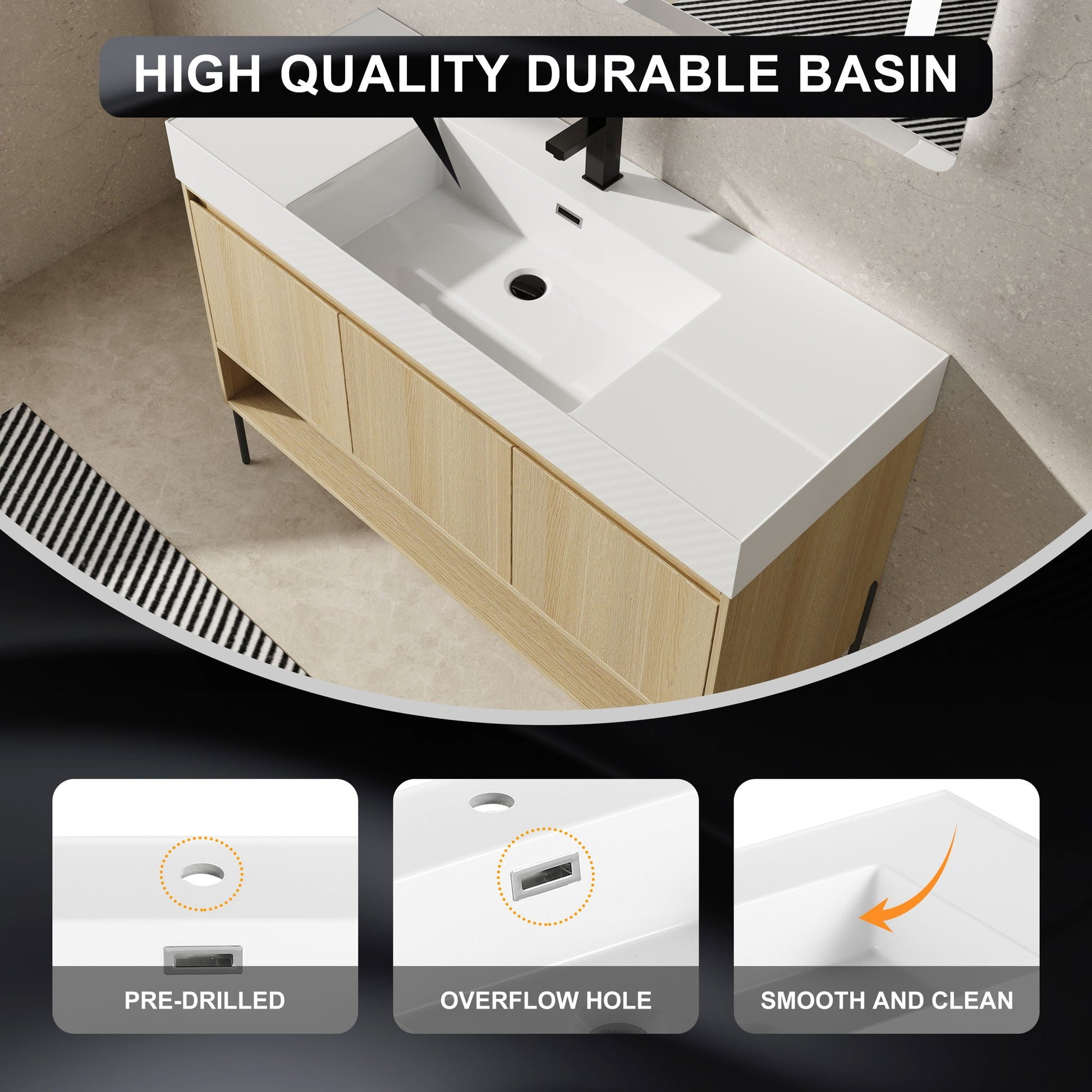 Modern bathroom vanity with single resin sink, white countertop and light wood storage cabinet on Tampa Home & Garden Store