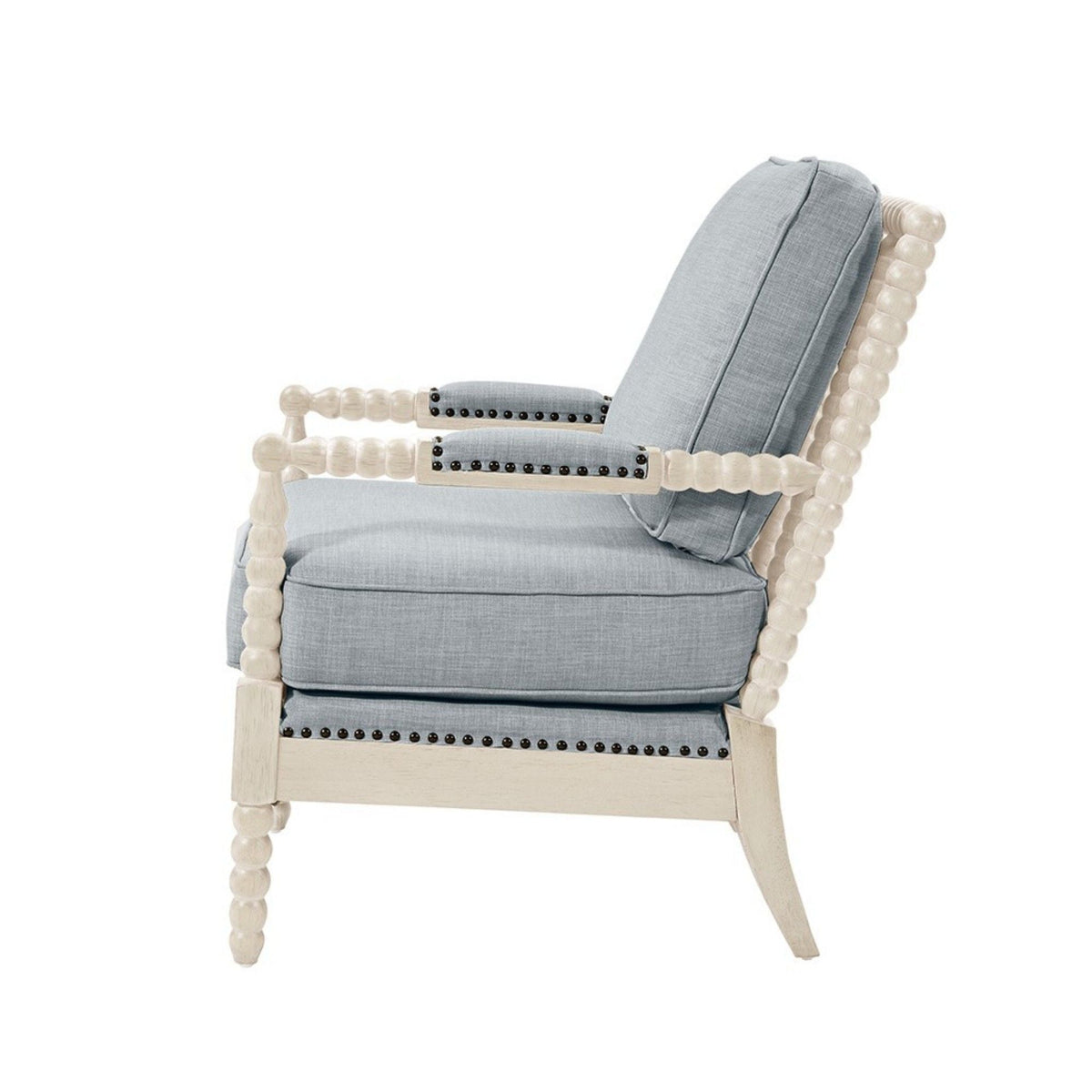 Open back spindle arm chair with padded light blue cushions and beige frame by HouseOfZazla on Tampa Home & Garden Store