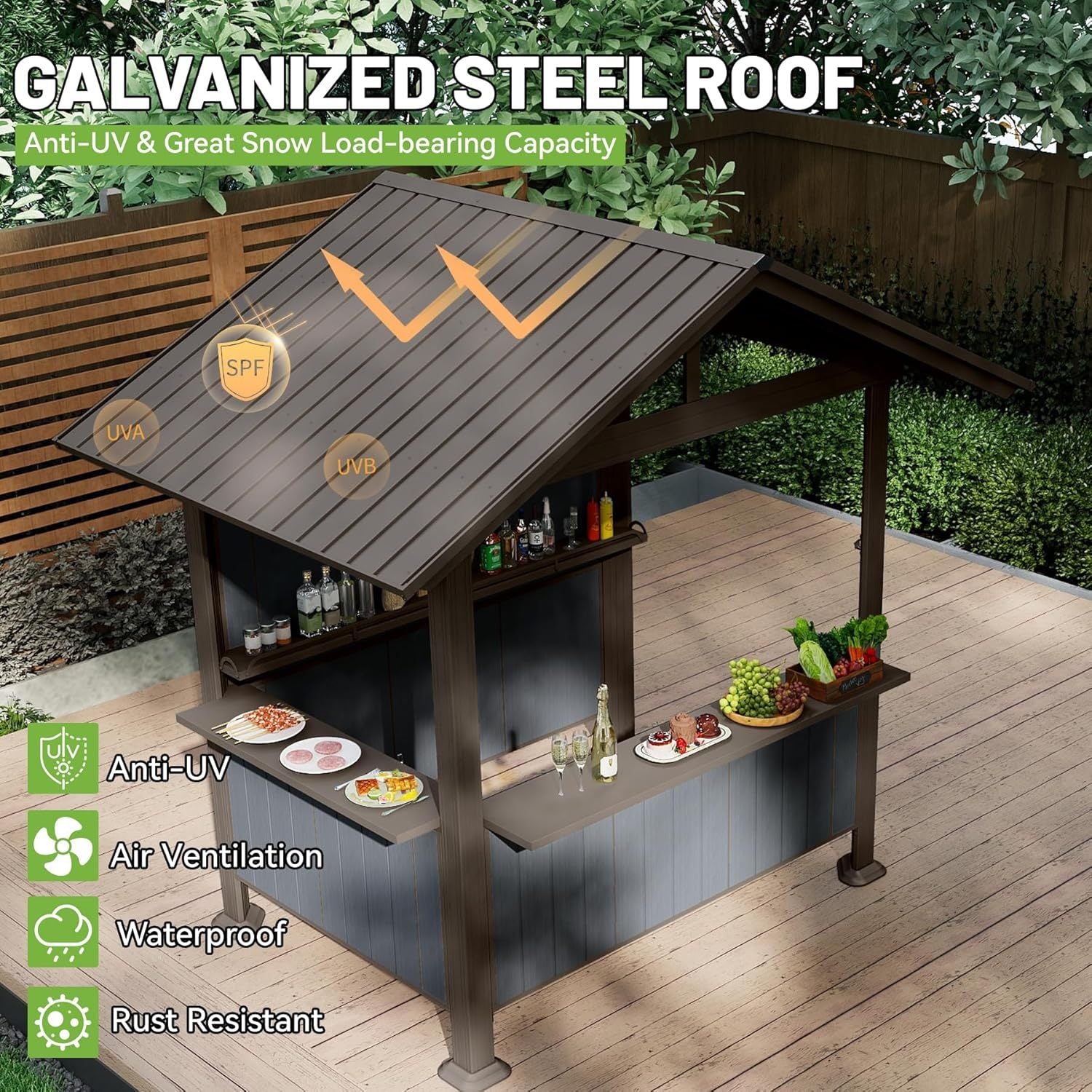 9.4x6.2 ft hardtop grill gazebo with storage shelves, resin shade system, galvanized steel roof on Tampa Home & Garden Store