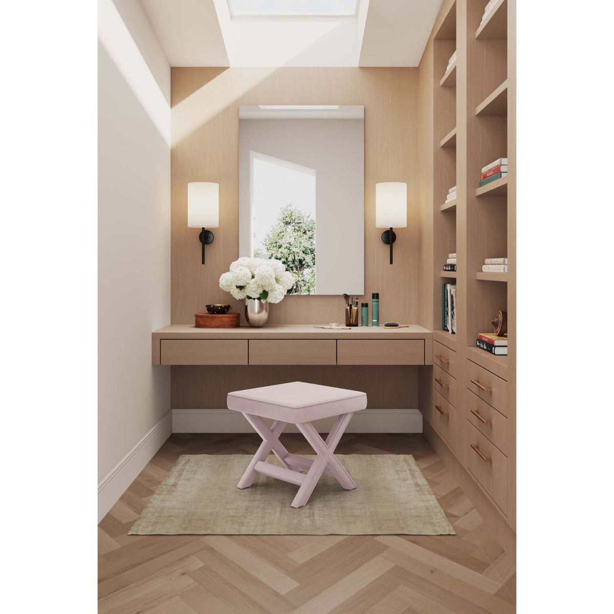 Accent Bench with Piped Cushion and Solid Wood Frame in pale pink for vanity area on Tampa Home & Garden Store