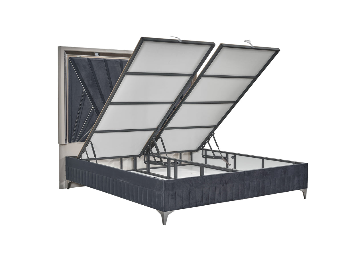 Lavita Queen Upholstered Storage Bed in dark gray fabric, modern contemporary bedroom set on Tampa Home & Garden Store