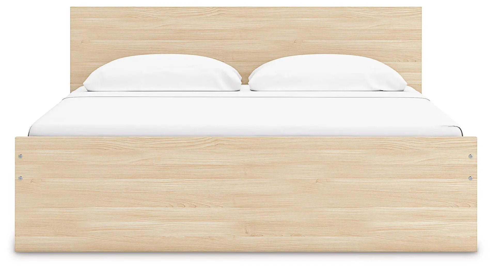 Onita panel platform bed by Unique Piece Furniture in natural oak with tall headboard and white bedding on Tampa Home & Garden Store