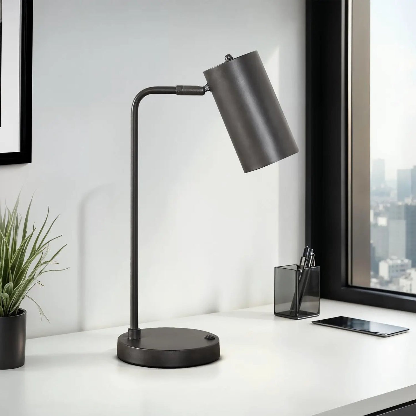 Table lamp in gray metal with USB port, cylindrical shade for modern desk lighting on Tampa Home & Garden Store