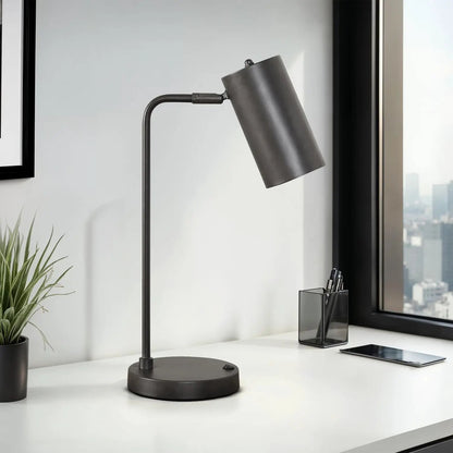 Table lamp in gray metal with USB port, cylindrical shade for modern desk lighting on Tampa Home & Garden Store