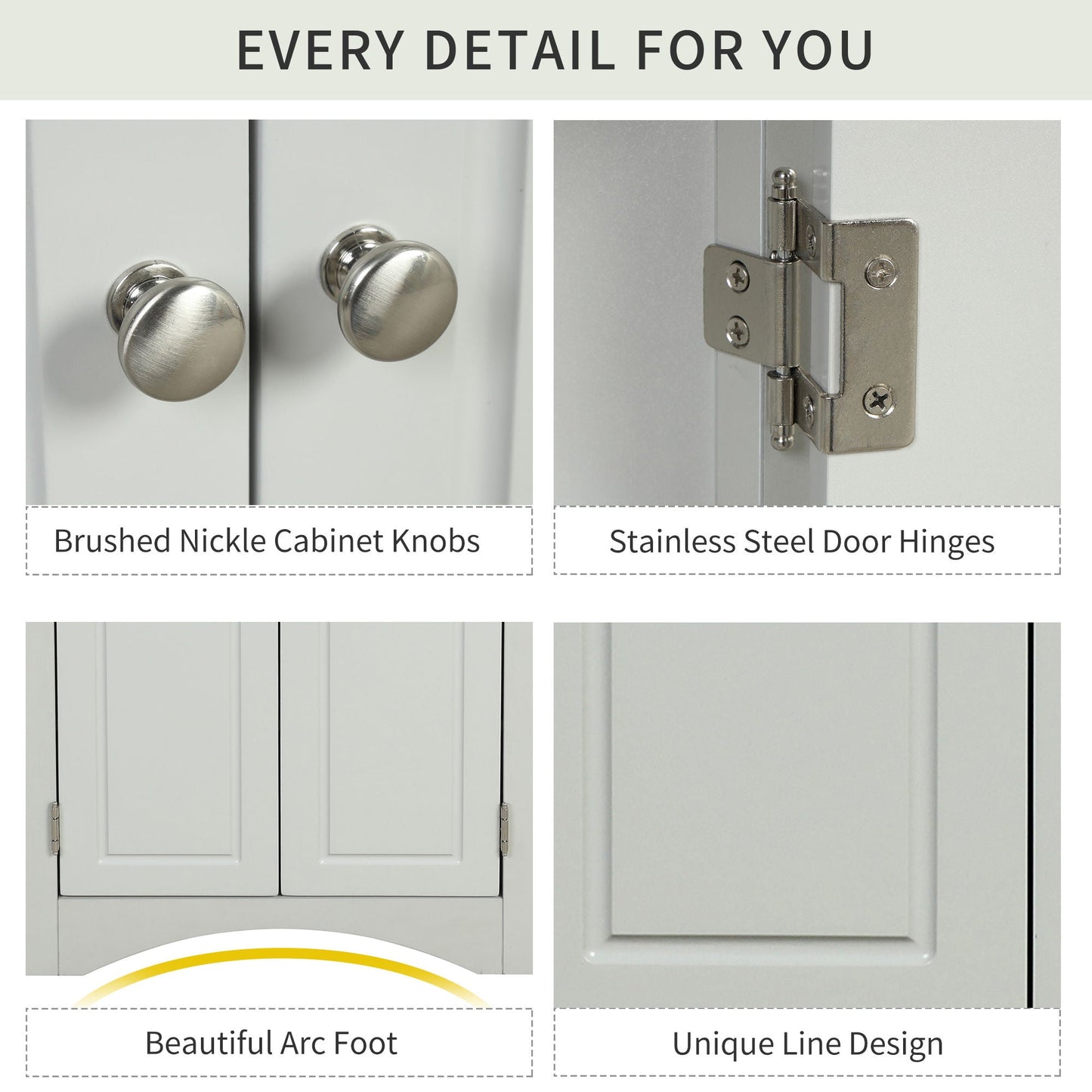 Triangle bathroom storage cabinet with adjustable shelves; brushed nickel knobs, arc foot on Tampa Home & Garden Store