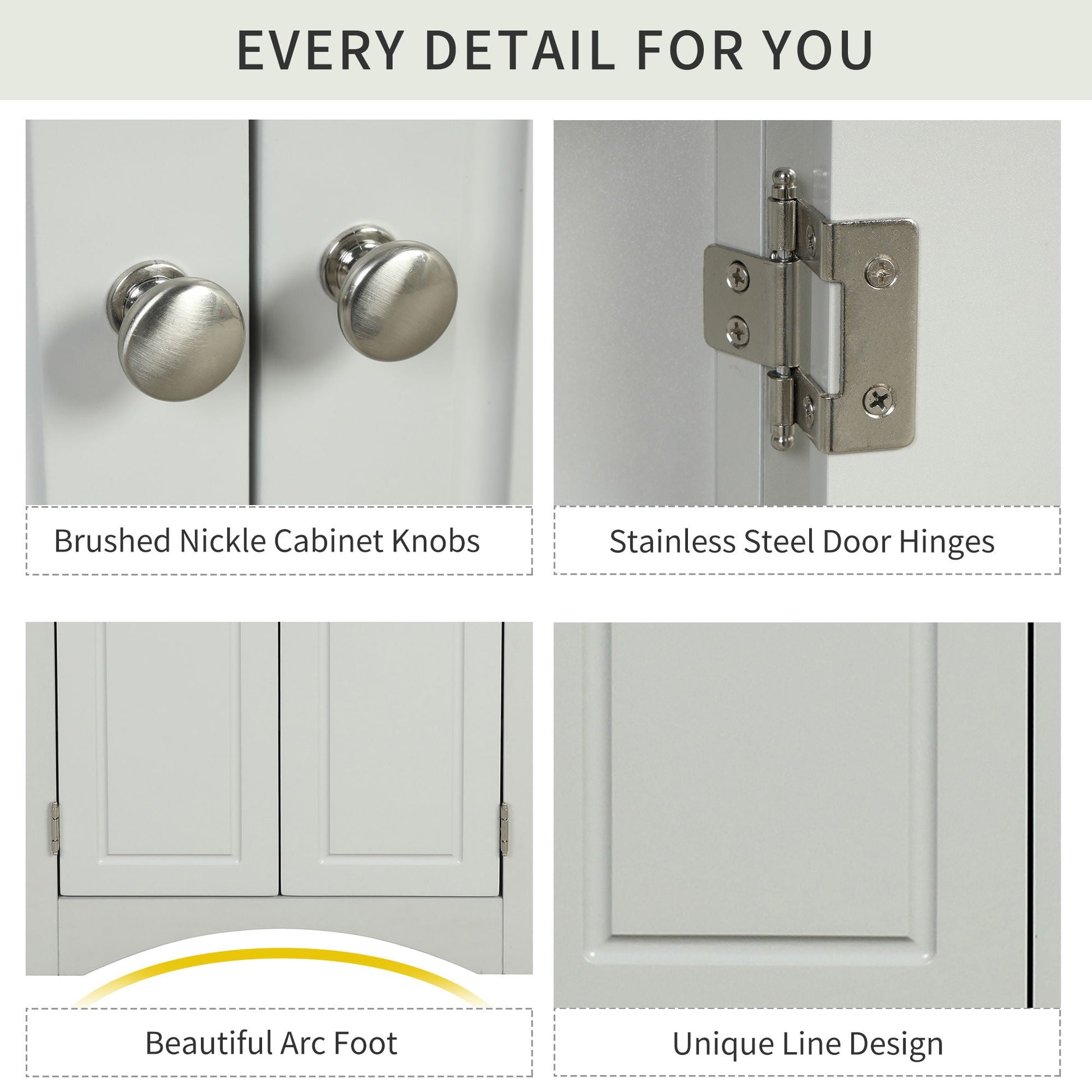 Triangle bathroom storage cabinet with adjustable shelves; brushed nickel knobs, arc foot on Tampa Home & Garden Store