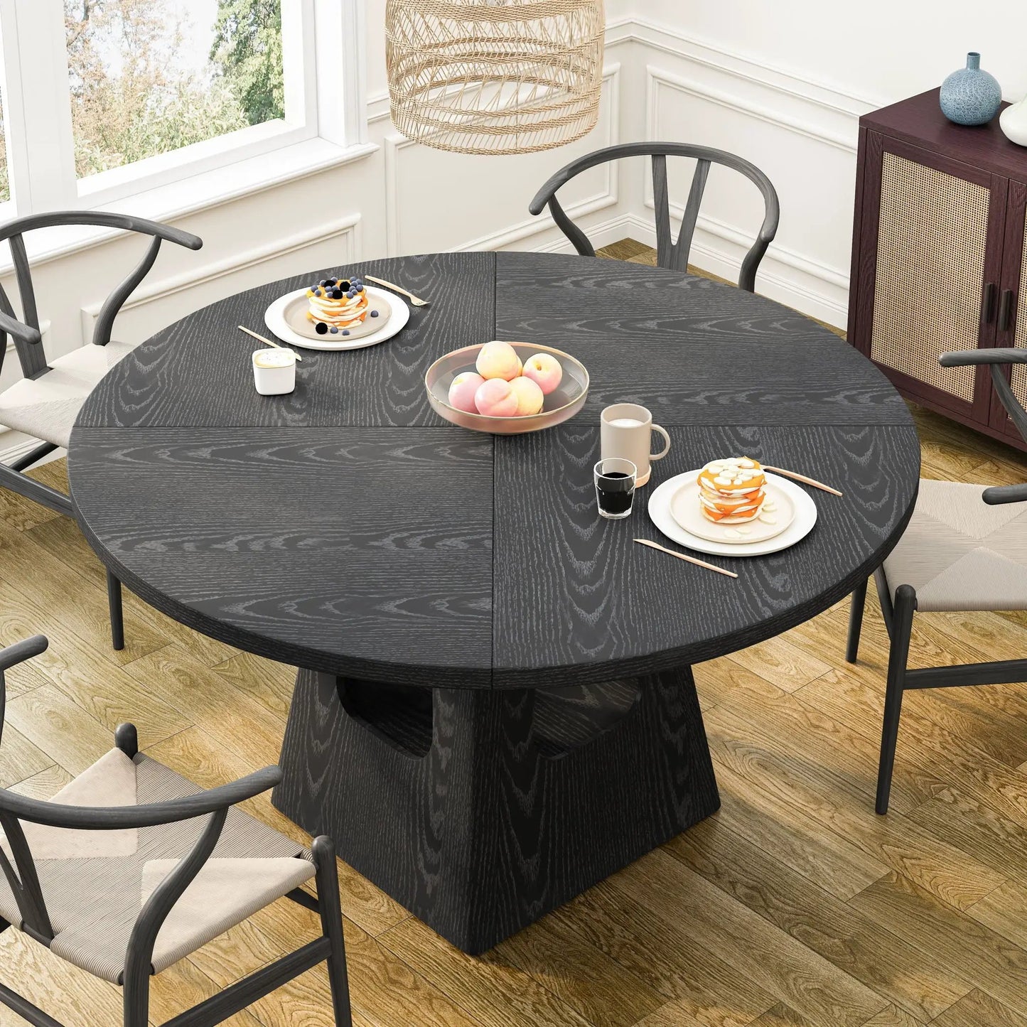 Farmhouse Round Dining Table With Storage Base dark wood by Unique Piece Furniture, four chairs on Tampa Home & Garden Store