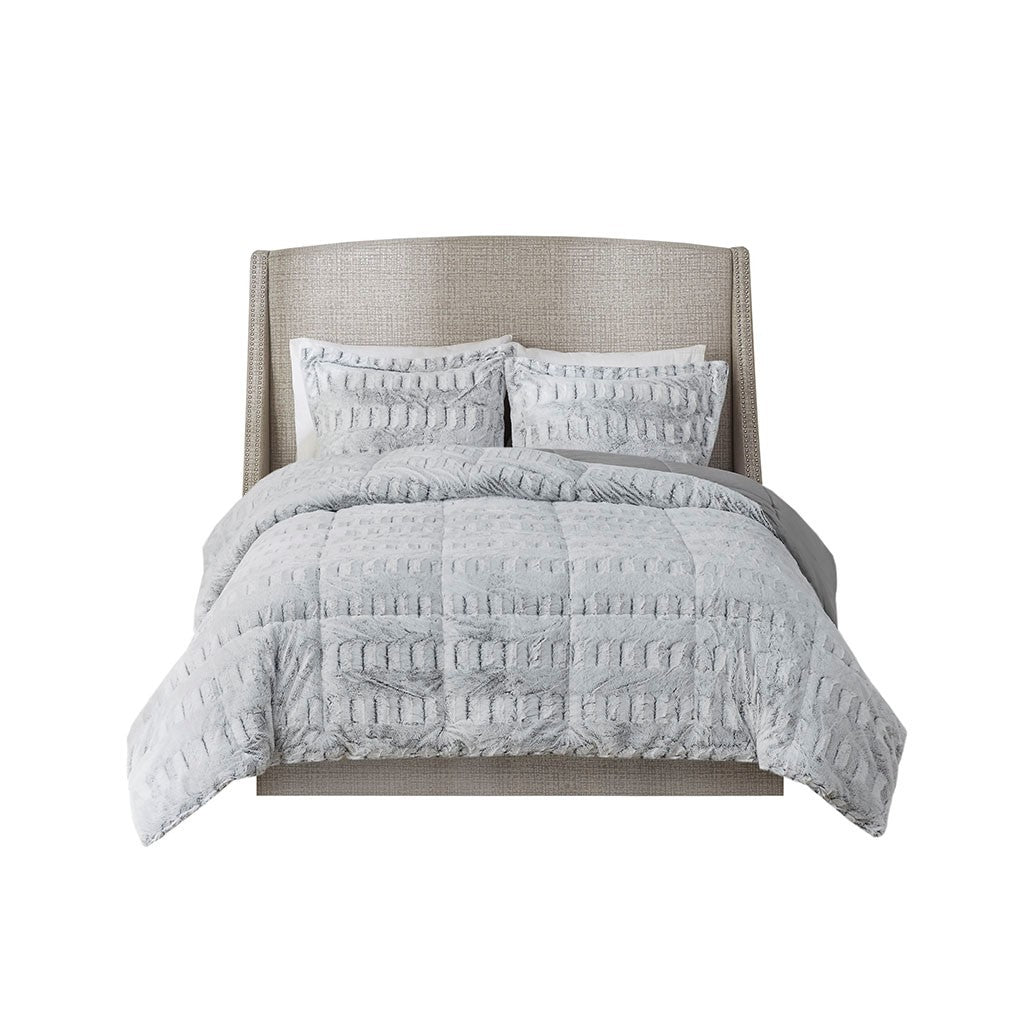 King/Cal King back print long fur comforter mini set by HouseOfZazla in light gray on Tampa Home & Garden Store