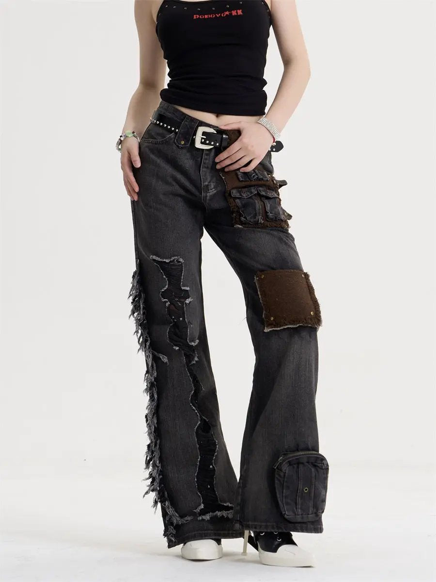 Women's retro tassel patch jeans by FLIPSTYLEZLLC, distressed dark denim with cargo patch on Tampa Home & Garden Store