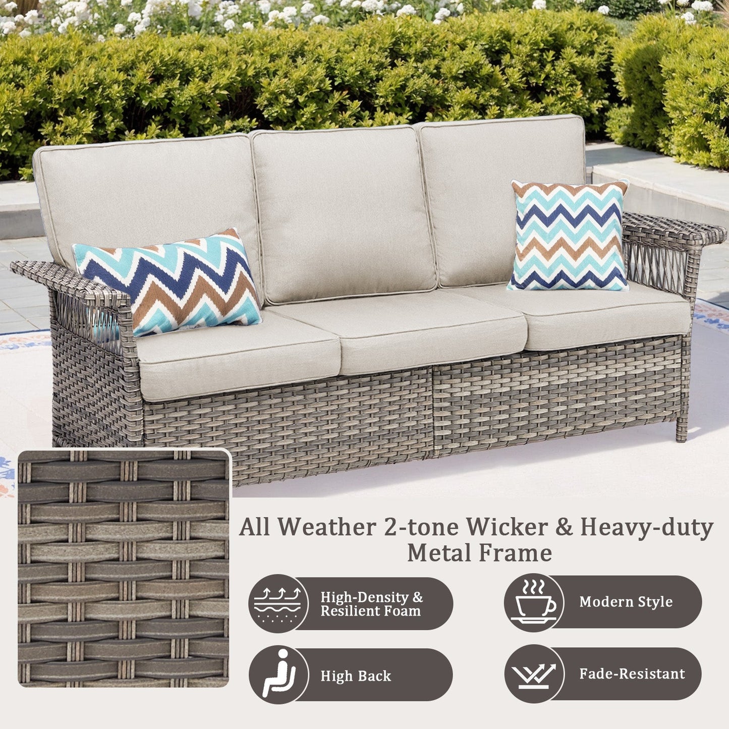 3-seat outdoor wicker patio sofa with armrests, beige cushions and chevron pillows on Tampa Home & Garden Store