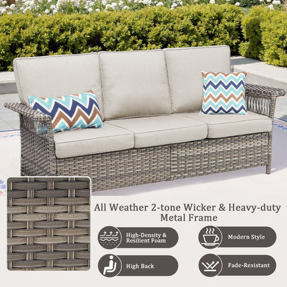 3-seat outdoor wicker patio sofa with armrests, beige cushions and chevron pillows on Tampa Home & Garden Store
