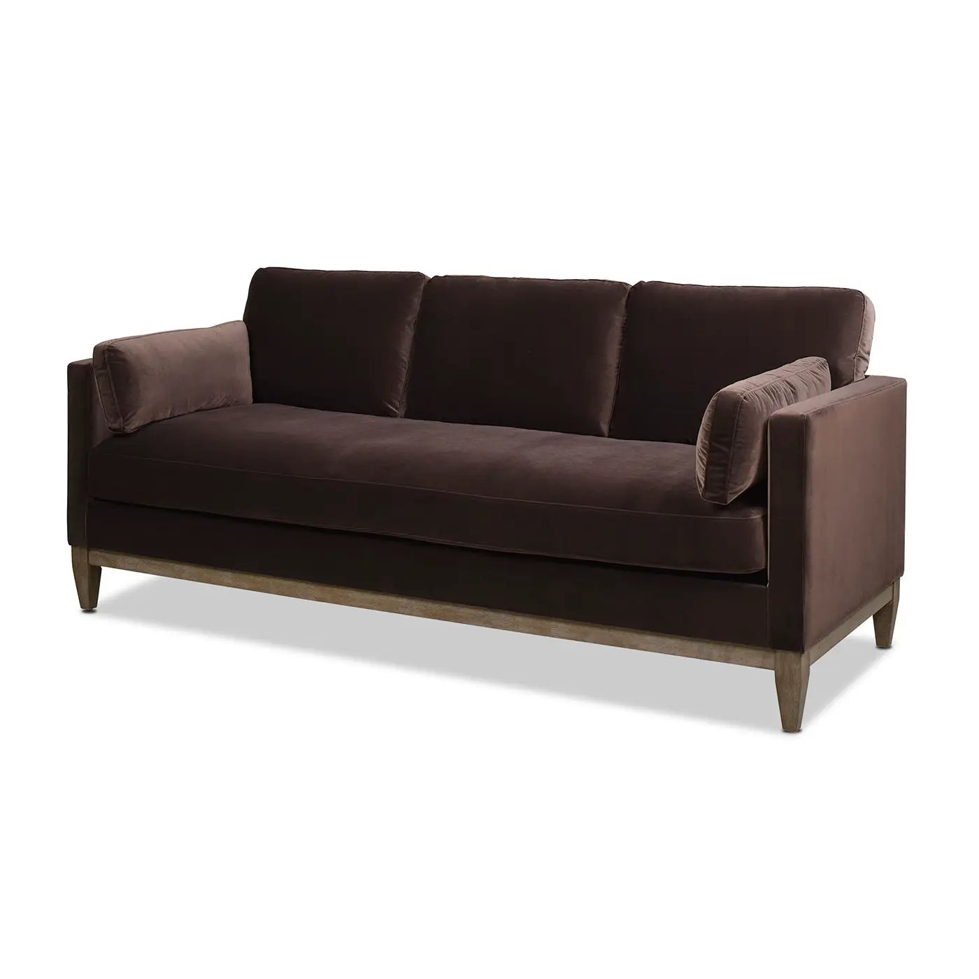 Knox Modern Farmhouse Sofa, stationary sofa in chocolate brown velvet upholstery with wood legs on Tampa Home & Garden Store