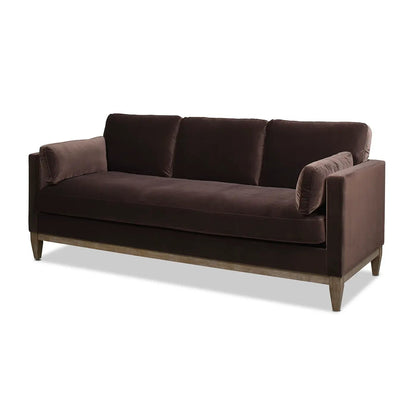 Knox Modern Farmhouse Sofa, stationary sofa in chocolate brown velvet upholstery with wood legs on Tampa Home & Garden Store