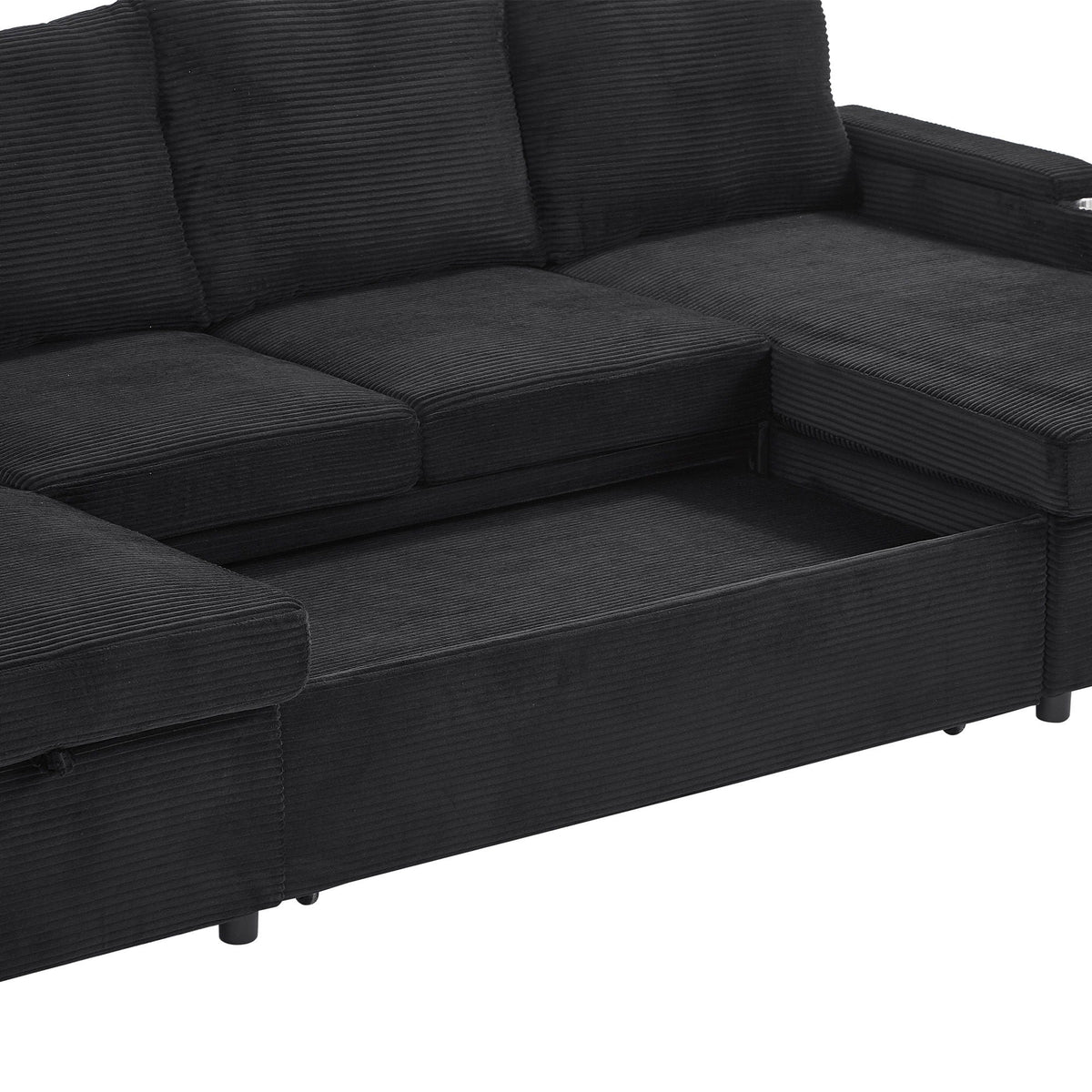 U-shaped sleeper sectional sofa bed in black corduroy with storage chaise on Tampa Home & Garden Store