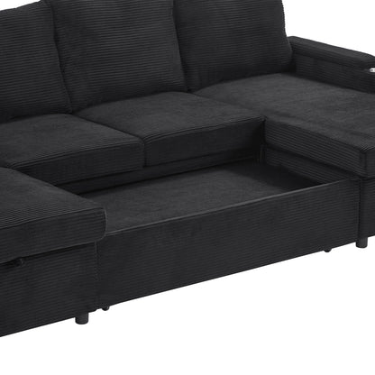 U-shaped sleeper sectional sofa bed in black corduroy with storage chaise on Tampa Home & Garden Store