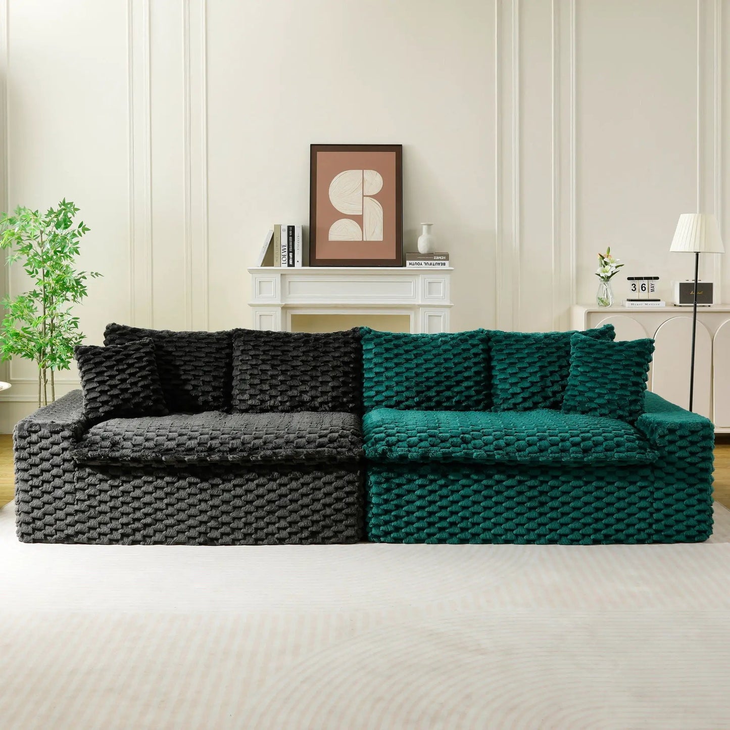 Multifunctional sofa with black and teal chunky cushions in a bright living room scene on Tampa Home & Garden Store