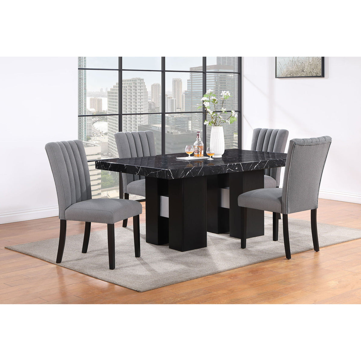 Jhoanna dining table with double pedestal base in black marble, six gray upholstered chairs on Tampa Home & Garden Store