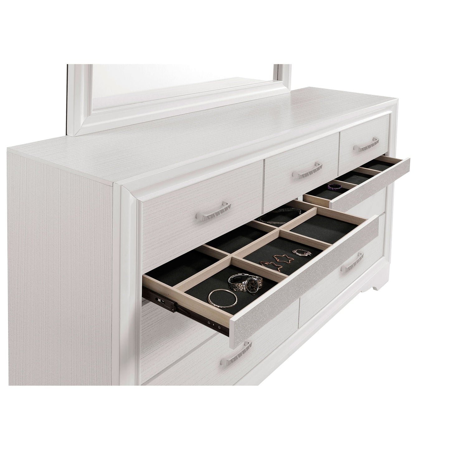 Annie 4 Piece Bedroom Set by HouseOfZazla white dresser with mirrored top and jewelry drawers on Tampa Home & Garden Store