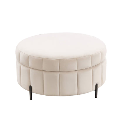Beige upholstered round storage ottoman with reversible lid, channel tufting, black legs on Tampa Home & Garden Store