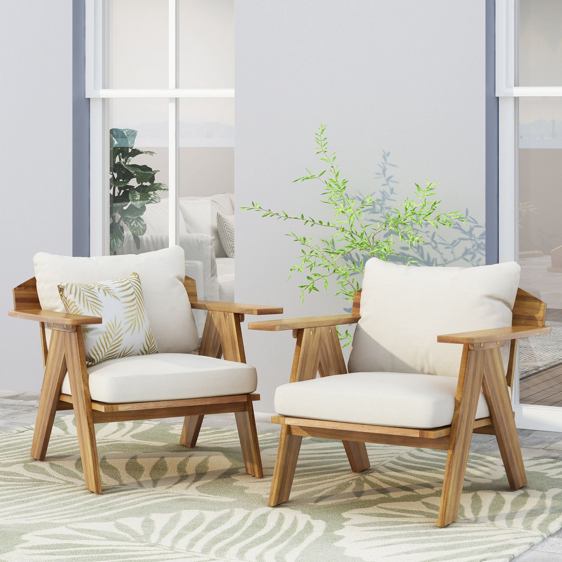 Outdoor Acacia Wood Club Chairs with Beige Cushions (Set of 2) Teak finish HouseOfZazla on Tampa Home & Garden Store