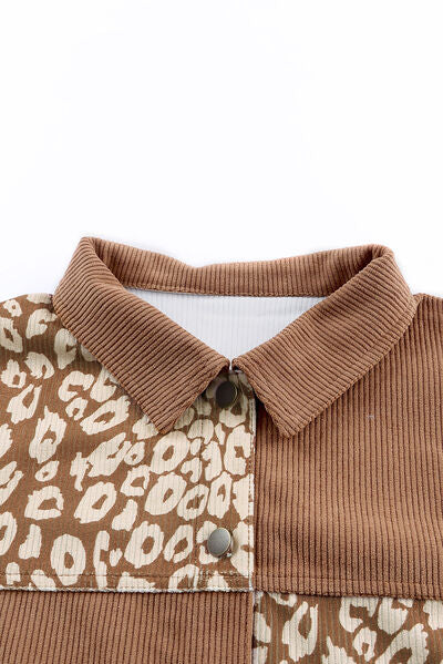 Leopard Print Drop Shoulder Jacket by Stevvex with brown corduroy panels, button closure on Tampa Home & Garden Store