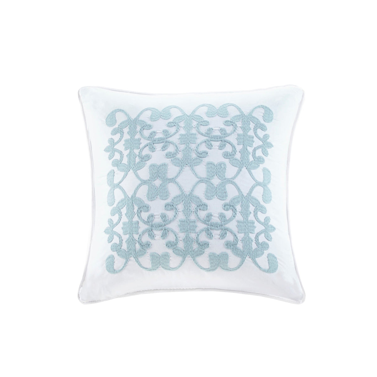 Embroidered white throw pillow with pale blue lattice pattern by HouseOfZazla on Tampa Home & Garden Store