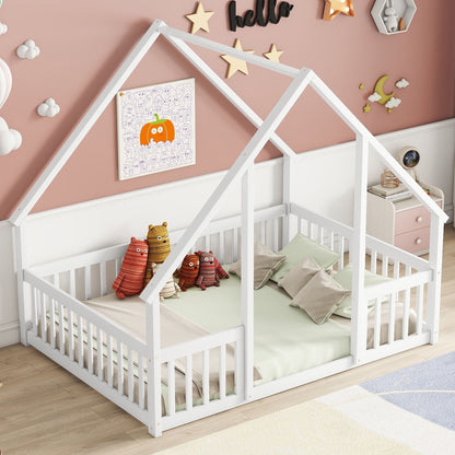 A Wood House Floor Bed with Guardrail Fence