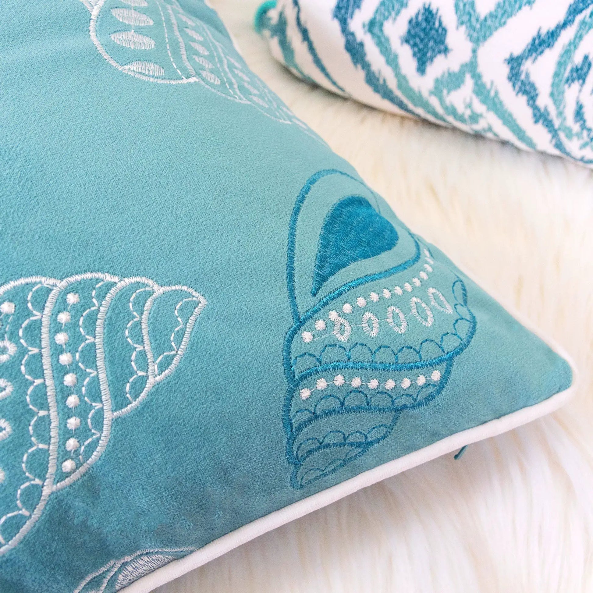 Seashells pillow cover, teal fabric with white embroidery by Unique Piece Furniture on Tampa Home & Garden Store
