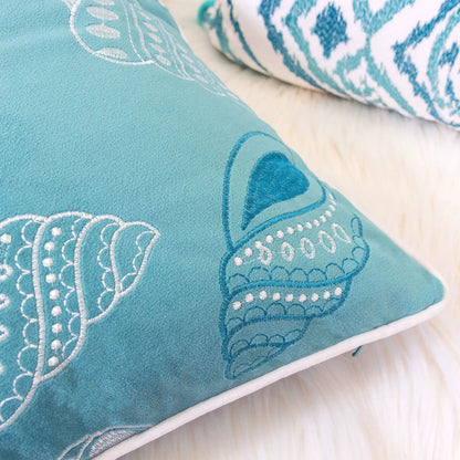 Seashells pillow cover, teal fabric with white embroidery by Unique Piece Furniture on Tampa Home & Garden Store