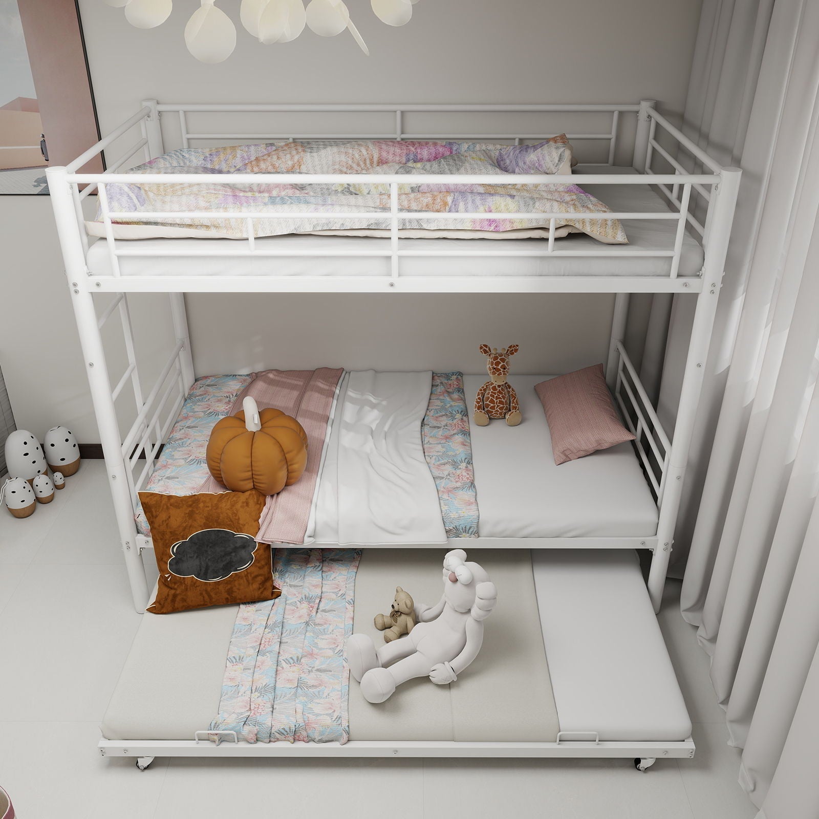 White metal bunk bed for kids with ladders and guardrails; convertible bunks with quilts on Tampa Home & Garden Store
