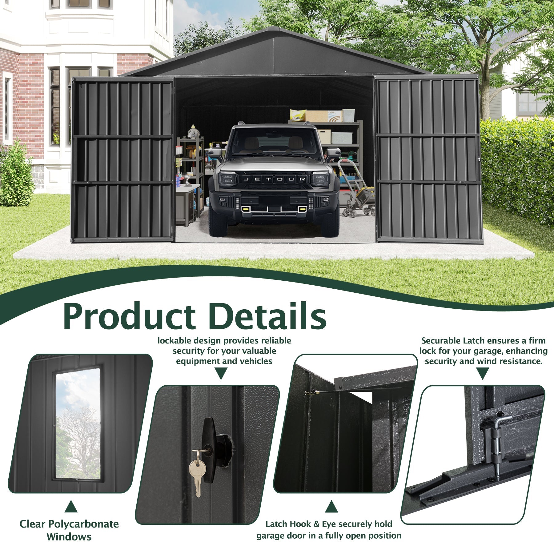 12x15FT Outdoor Metal Garage Shed by HouseOfZazla with black panels and open double doors on Tampa Home & Garden Store