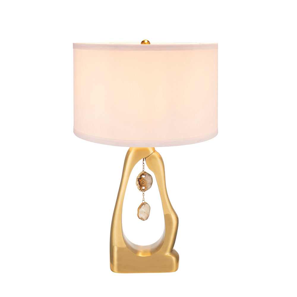 Geode-inspired gold aluminum table lamp with white drum shade and crystal pendants HouseOfZazla on Tampa Home & Garden Store