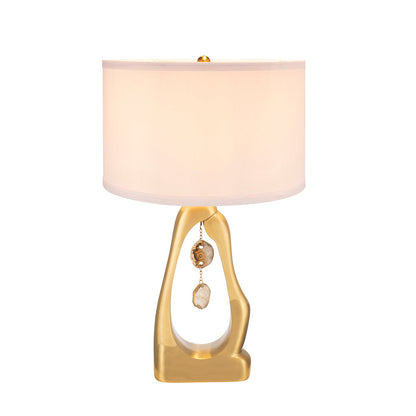 Geode-inspired gold aluminum table lamp with white drum shade and crystal pendants HouseOfZazla on Tampa Home & Garden Store
