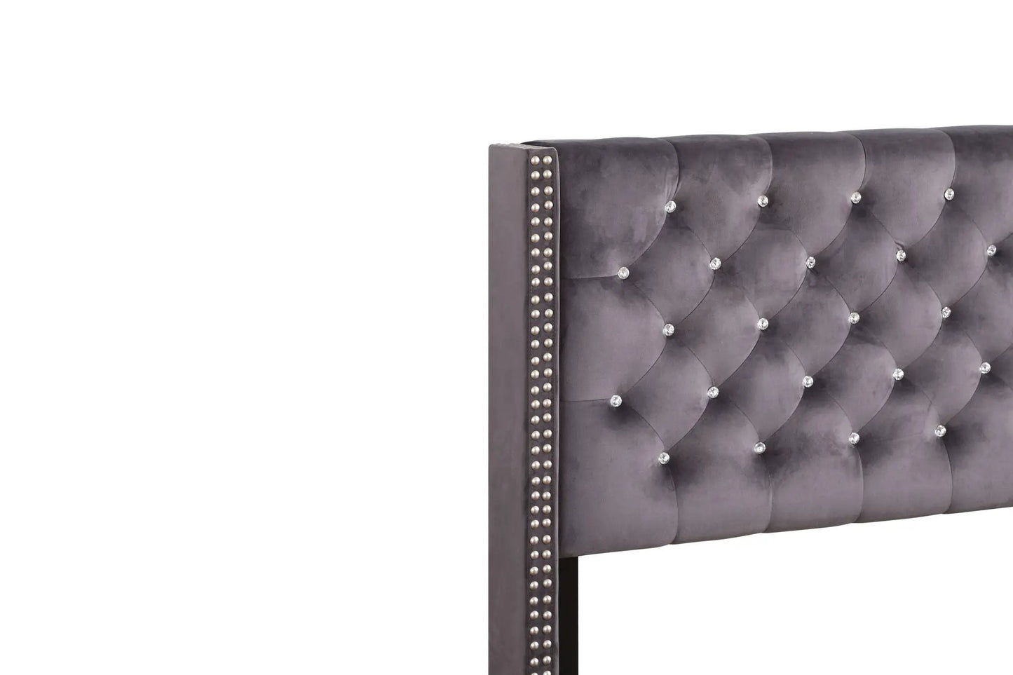 Upholstered Nailhead Trim Chic Bed headboard in gray velvet with crystal tufting and stud on Tampa Home & Garden Store