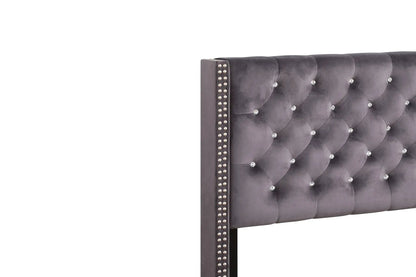 Upholstered Nailhead Trim Chic Bed headboard in gray velvet with crystal tufting and stud on Tampa Home & Garden Store