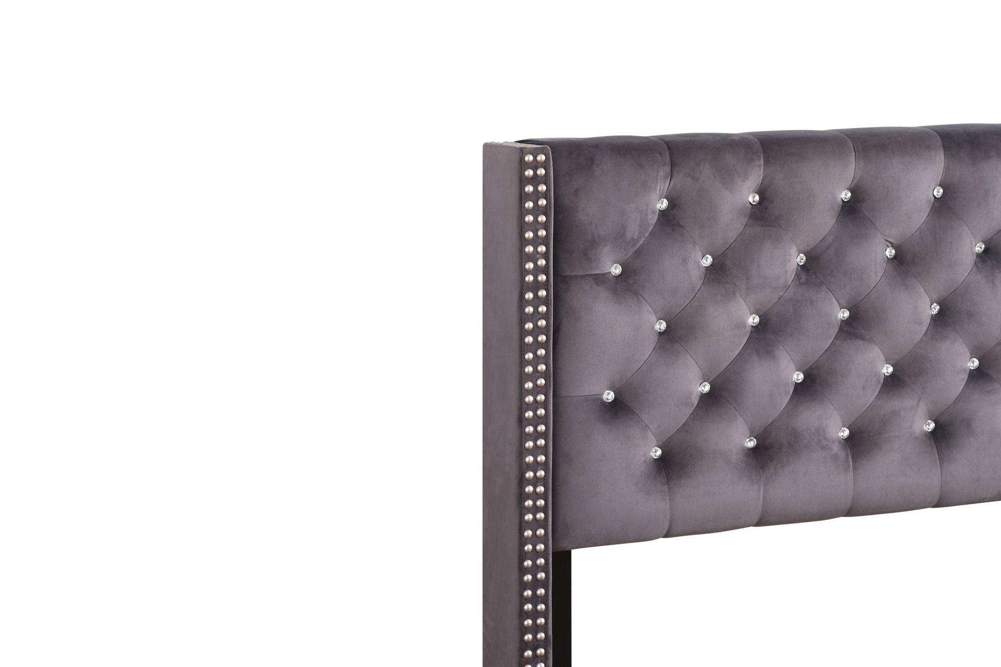 Upholstered Nailhead Trim Chic Bed headboard in gray velvet with crystal tufting and studded edges on Tampa Home & Garden Store