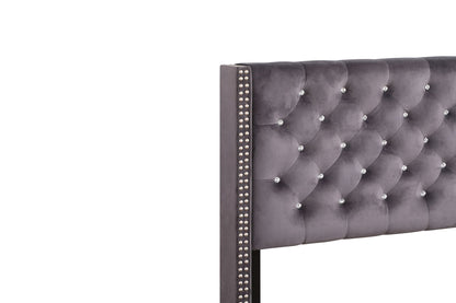 Upholstered Nailhead Trim Chic Bed headboard in gray velvet with crystal tufting and studded edges on Tampa Home & Garden Store