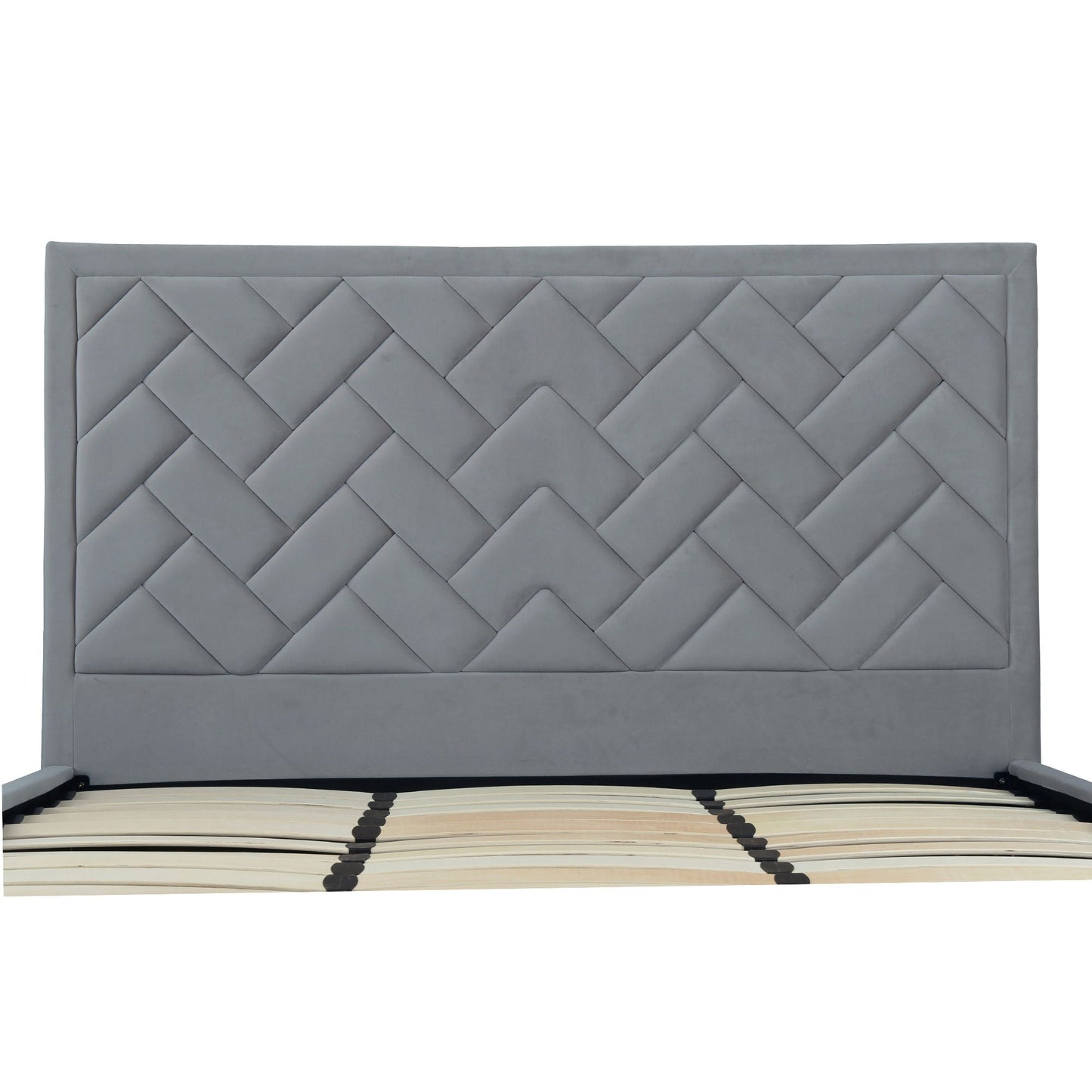 Crosby upholstered bed with gray fabric headboard and wooden slats by HouseOfZazla on Tampa Home & Garden Store