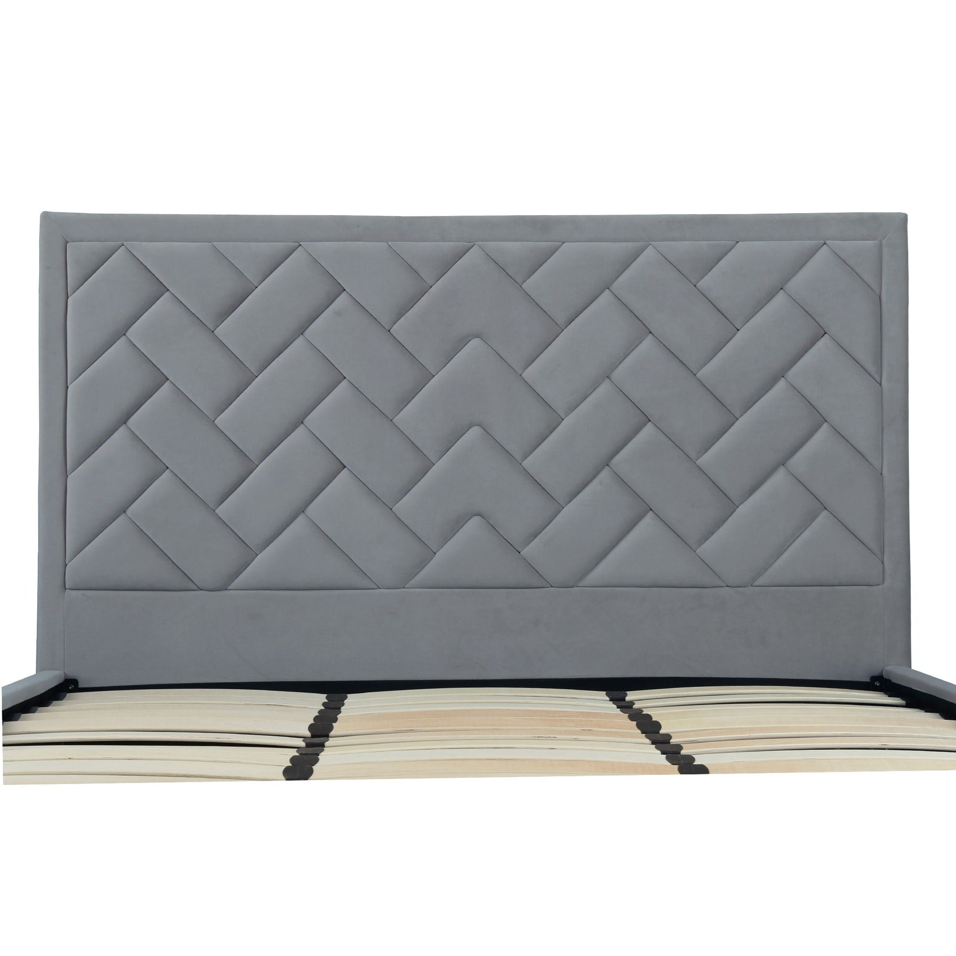 Crosby upholstered bed with gray fabric headboard and wooden slats by HouseOfZazla on Tampa Home & Garden Store