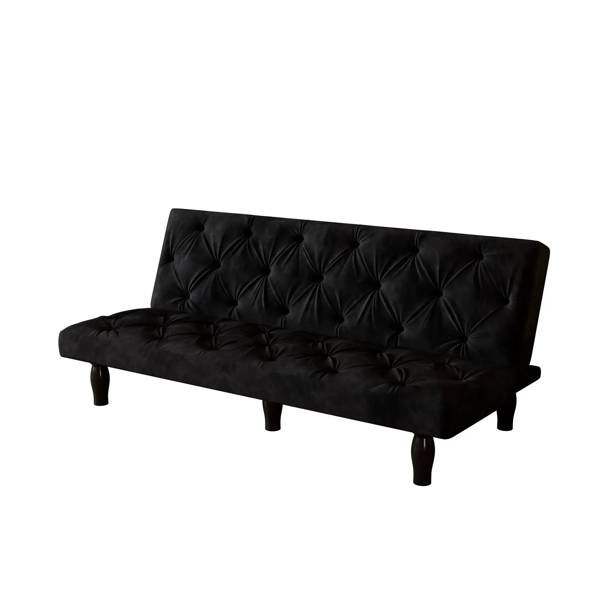 Futon sofa bed in black velvet with tufted back and seat, adjustable backrest, dark wood legs on Tampa Home & Garden Store