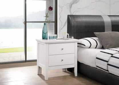 Dovetailed Nightstand white finish 3-drawer knobs by Unique Piece Furniture beside bedding on Tampa Home & Garden Store