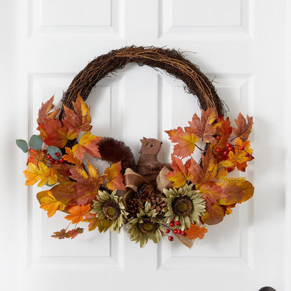 26” Fall Harvest Artificial Autumn Wreath with Twig Base and Squirrel - Tampa Home & Garden Store