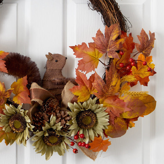 26” Fall Harvest Artificial Autumn Wreath with Twig Base and Squirrel - Tampa Home & Garden Store