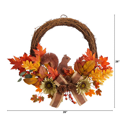 26” Fall Harvest Artificial Autumn Wreath with Twig Base and Squirrel - Tampa Home & Garden Store