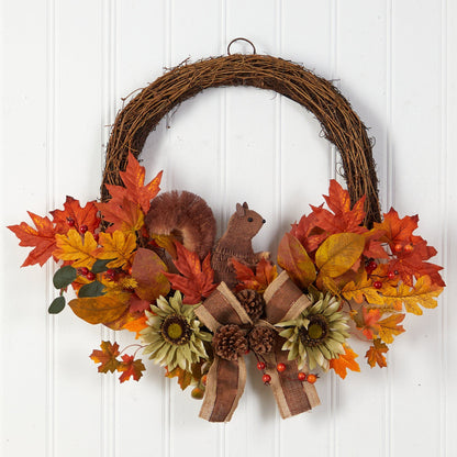 26” Fall Harvest Artificial Autumn Wreath with Twig Base and Squirrel - Tampa Home & Garden Store