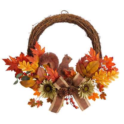 26” Fall Harvest Artificial Autumn Wreath with Twig Base and Squirrel - Tampa Home & Garden Store