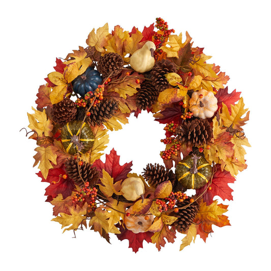 26” Fall Pumpkin, Gourd, Pinecone and Maple Leaf Artificial Autumn Wreath - Tampa Home & Garden Store