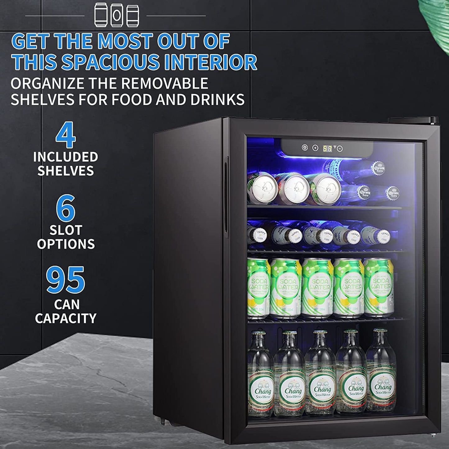 2.6 cu ft wine cooler with glass door by Kismile, blue LED interior, bottles and 95 cans shown on Tampa Home & Garden Store