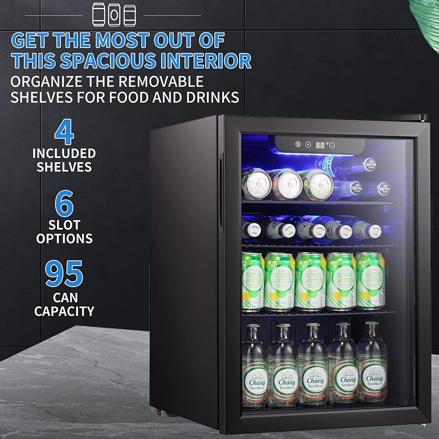 2.6 cu ft wine cooler with glass door by Kismile, blue LED interior, bottles and 95 cans shown on Tampa Home & Garden Store